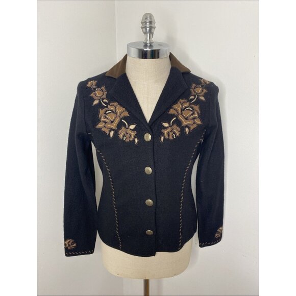 Icelandic Design Wool Cardigan Sweater Floral Embroidered Sz S Black Tan Western - Picture 1 of 9